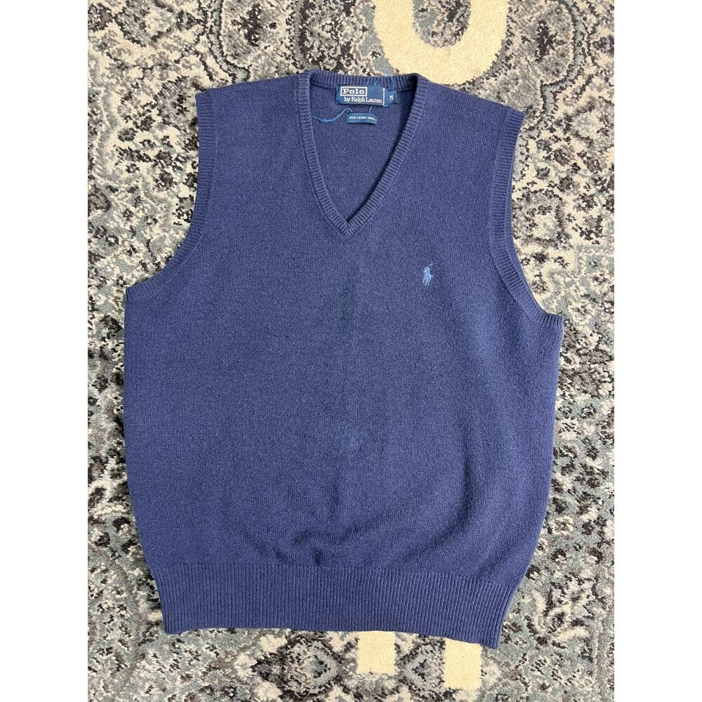 Vintage 90s Mens Polo Ralph Lauren Lambs Wool Sweater Vest Size Medium Blue